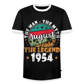 August 1954 Legend since August 1954 Vintage 1954 - Men's Ringer Shirt - black/white - Front - AI Model Female 172 light (172cm) & AI Model Male 178 light (178cm)