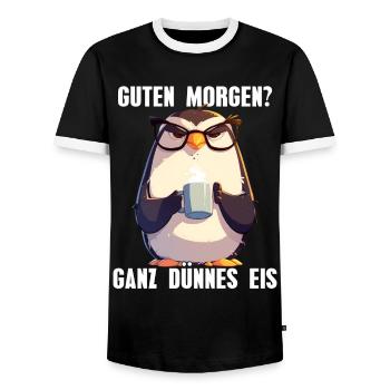 Good morning very thin ice coffee penguin - Men's Ringer Shirt - black/white - Front - AI Model Female 172 light (172cm) & AI Model Male 178 light (178cm)