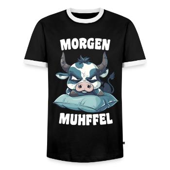 Morning Muhffel Morning Grouch Coffee Cow Sleep Shirt - Men's Ringer Shirt - black/white - Front - AI Model Female 172 light (172cm) & AI Model Male 178 light (178cm)