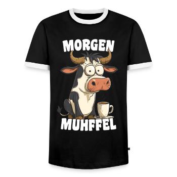 Morning Muhffel Morning Grouch Funny Cow Coffee - Men's Ringer Shirt - black/white - Front - AI Model Female 172 light (172cm) & AI Model Male 178 light (178cm)