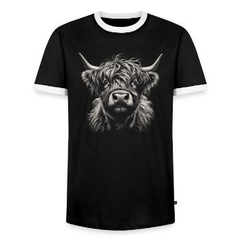 Scottish Highland Cow Curious Face - Men's Ringer Shirt - black/white - Front - AI Model Female 172 light (172cm) & AI Model Male 178 light (178cm)