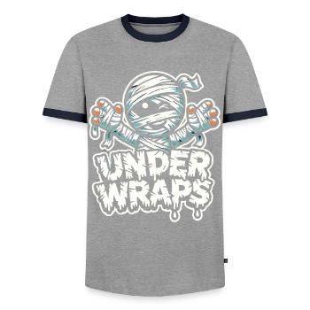 Chemise d’Halloween avec des momies et le texte « Under Wraps » - T-shirt contrasté Homme - gris/marine  - Devant - AI Model Female 172 light (172cm) & AI Model Male 178 light (178cm)