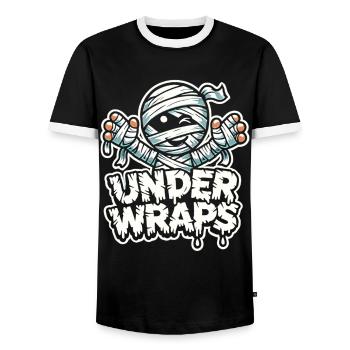Halloween Shirt with Mummies and "Under Wraps" Text - Men's Ringer Shirt - black/white - Front - AI Model Female 172 light (172cm) & AI Model Male 178 light (178cm)