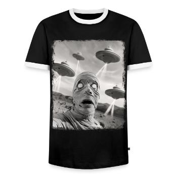 Mummy Halloween UFO Alien Alien Selfie - Men's Ringer Shirt - black/white - Front - AI Model Female 172 light (172cm) & AI Model Male 178 light (178cm)