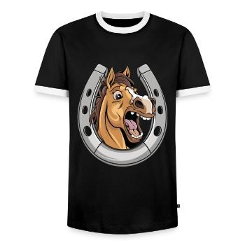 Pferd Lacht und Zeigt Zähne mit Hufeisen - Männer Kontrast-T-Shirt - Schwarz/Weiß - Vorne - AI Model Female 172 light (172cm) & AI Model Male 178 light (178cm)