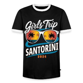 Girls Trip Santorini 2024 - Men's Ringer Shirt - black/white - Front - AI Model Female 172 light (172cm) & AI Model Male 178 light (178cm)