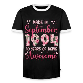 September 1994 30-jähriges Jubiläum der Frau - Männer Kontrast-T-Shirt - Schwarz/Weiß - Vorne - AI Model Female 172 light (172cm) & AI Model Male 178 light (178cm)