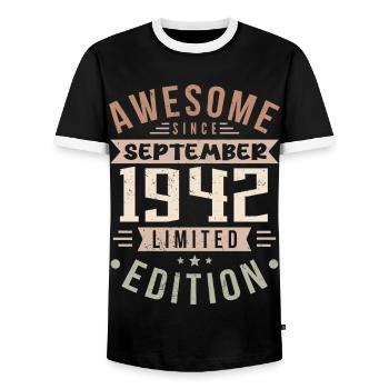 1942 Septembre Anniversaire Né en septembre 1942 - T-shirt contrasté Homme - noir/blanc - Devant - AI Model Female 172 light (172cm) & AI Model Male 178 light (178cm)