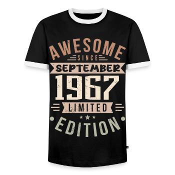 1967 September Birthday Born September 1967 - Men's Ringer Shirt - black/white - Front - AI Model Female 172 light (172cm) & AI Model Male 178 light (178cm)