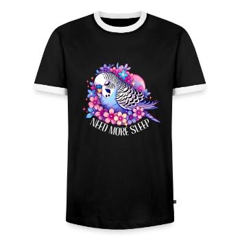 Need More Sleep Funny Budgie Bird - Men's Ringer Shirt - black/white - Front - AI Model Female 172 light (172cm) & AI Model Male 178 light (178cm)