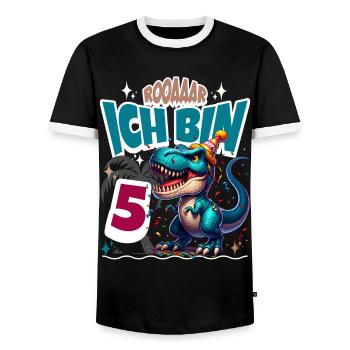 T Rex Dinosaurier 5. Geburtstag Kindergeburtstag - Männer Kontrast-T-Shirt - Schwarz/Weiß - Vorne - AI Model Female 172 light (172cm) & AI Model Male 178 light (178cm)