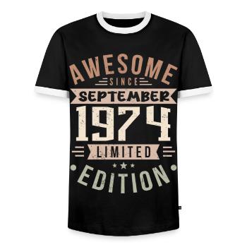 1974 Septembre Anniversaire Né en septembre 1974 - T-shirt contrasté Homme - noir/blanc - Devant - AI Model Female 172 light (172cm) & AI Model Male 178 light (178cm)