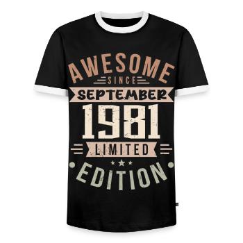 1981 September Birthday Born September 1981 - Men's Ringer Shirt - black/white - Front - AI Model Female 172 light (172cm) & AI Model Male 178 light (178cm)
