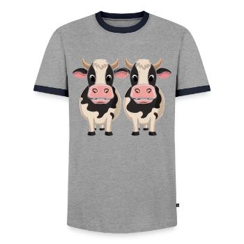 Zwei Süße Kühe Cartoon Illustration - Männer Kontrast-T-Shirt - Grau/Navy  - Vorne - AI Model Female 172 light (172cm) & AI Model Male 178 light (178cm)