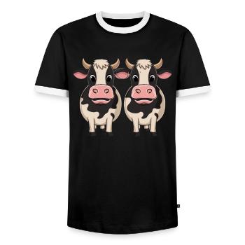 Two Cute Cows Cartoon Illustration - Men's Ringer Shirt - black/white - Front - AI Model Female 172 light (172cm) & AI Model Male 178 light (178cm)