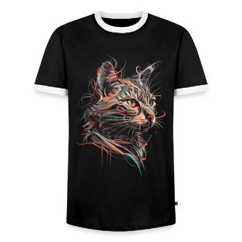 Cat Art Drawing Abstract Animal Illustration - Men's Ringer Shirt - black/white - Front - AI Model Female 172 light (172cm) & AI Model Male 178 light (178cm)