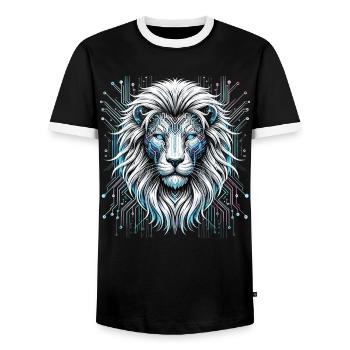 Techno-Savanne: Der digitale Löwe - Männer Kontrast-T-Shirt - Schwarz/Weiß - Vorne - AI Model Female 172 light (172cm) & AI Model Male 178 light (178cm)