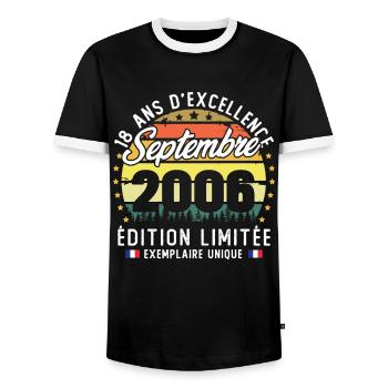 September 2006 Vintage 18 Year Anniversary Gift - Men's Ringer Shirt - black/white - Front - AI Model Female 172 light (172cm) & AI Model Male 178 light (178cm)