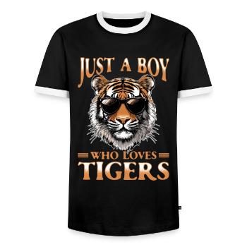 Funny Tiger Animal Just A Boy Who Loves Tigers - Men's Ringer Shirt - black/white - Front - AI Model Female 172 light (172cm) & AI Model Male 178 light (178cm)