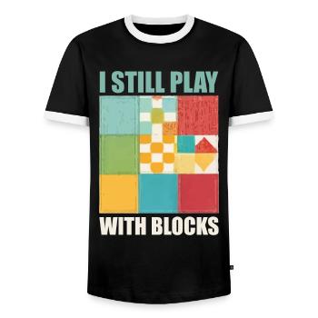 Funny Quilting I Still Play With Blocks Quilt - Men's Ringer Shirt - black/white - Front - AI Model Female 172 light (172cm) & AI Model Male 178 light (178cm)