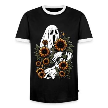 Creepy Ghost With Sunflowers - Men's Ringer Shirt - black/white - Front - AI Model Female 172 light (172cm) & AI Model Male 178 light (178cm)