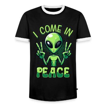 Alien Alien I Come in Peace Peace - Men's Ringer Shirt - black/white - Front - AI Model Female 172 light (172cm) & AI Model Male 178 light (178cm)