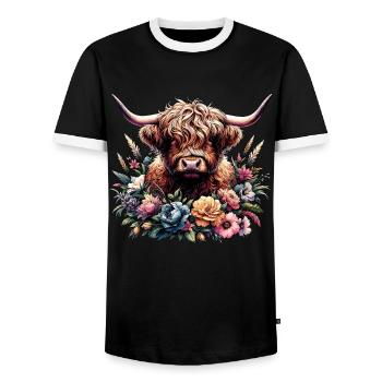 Floral Schottisches Hochlandrind - Männer Kontrast-T-Shirt - Schwarz/Weiß - Vorne - AI Model Female 172 light (172cm) & AI Model Male 178 light (178cm)