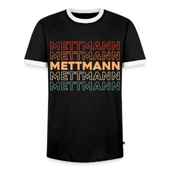 German city of Mettmann, North Rhine-Westphalia - Men's Ringer Shirt - black/white - Front - AI Model Female 172 light (172cm) & AI Model Male 178 light (178cm)