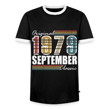 September 1979 Vintage Birthday Gift 1979 - Men's Ringer Shirt - black/white - Front - AI Model Female 172 light (172cm) & AI Model Male 178 light (178cm)