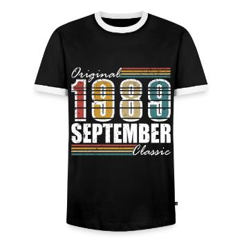 Retro 1989 September Vintage September 1989 - Men's Ringer Shirt - black/white - Front - AI Model Female 172 light (172cm) & AI Model Male 178 light (178cm)