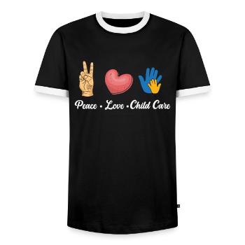 Peace Love Childcare - Men's Ringer Shirt - black/white - Front - AI Model Female 172 light (172cm) & AI Model Male 178 light (178cm)