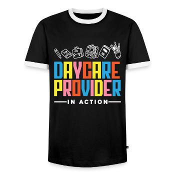 Day care providers in action - Men's Ringer Shirt - black/white - Front - AI Model Female 172 light (172cm) & AI Model Male 178 light (178cm)
