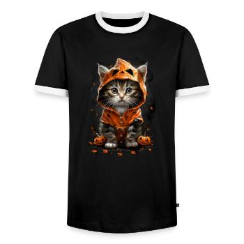 Kitten in Pumpkin Costume - Halloween Pumpkin Design - Men's Ringer Shirt - black/white - Front - AI Model Female 172 light (172cm) & AI Model Male 178 light (178cm)
