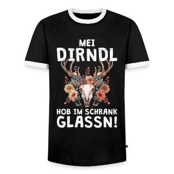Mein Dirndl hab ich zuhause im Schrank gelassen - Männer Kontrast-T-Shirt - Schwarz/Weiß - Vorne - AI Model Female 172 light (172cm) & AI Model Male 178 light (178cm)
