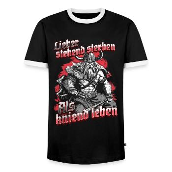 rViking Warrior Design Stehend Sterben Krieger - Männer Kontrast-T-Shirt - Schwarz/Weiß - Vorne - AI Model Female 172 light (172cm) & AI Model Male 178 light (178cm)
