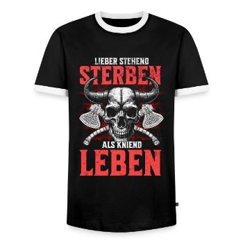 Nordic Skull Prefer Standing Die Tattoo Design - Men's Ringer Shirt - black/white - Front - AI Model Female 172 light (172cm) & AI Model Male 178 light (178cm)