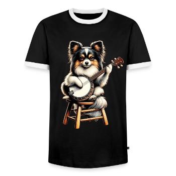 Papillon Hund Bluegrass Banjo Spieler - Männer Kontrast-T-Shirt - Schwarz/Weiß - Vorne - AI Model Female 172 light (172cm) & AI Model Male 178 light (178cm)