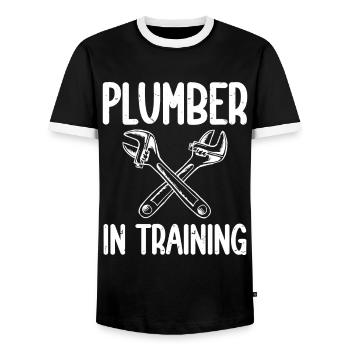 Drôle Je suis plombier - T-shirt contrasté Homme - noir/blanc - Devant - AI Model Female 172 light (172cm) & AI Model Male 178 light (178cm)