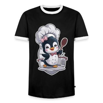 Penguin chef with chef's hat and spoon - Men's Ringer Shirt - black/white - Front - AI Model Female 172 light (172cm) & AI Model Male 178 light (178cm)
