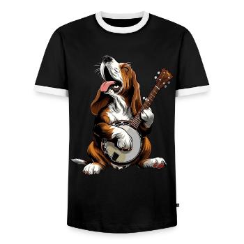 Basset Hound Chien Joueur de Banjo Bluegrass - T-shirt contrasté Homme - noir/blanc - Devant - AI Model Female 172 light (172cm) & AI Model Male 178 light (178cm)