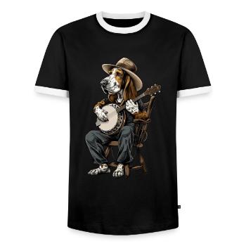 Basset Hound Chien Joueur de Banjo Bluegrass - T-shirt contrasté Homme - noir/blanc - Devant - AI Model Female 172 light (172cm) & AI Model Male 178 light (178cm)
