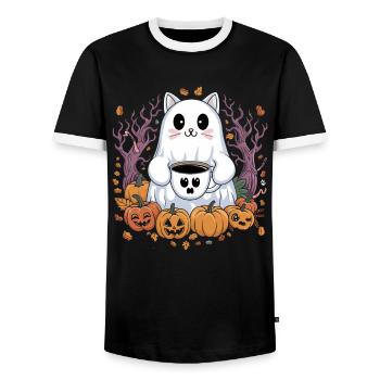Chat mignon d'Halloween avec du café et des citrouilles - T-shirt contrasté Homme - noir/blanc - Devant - AI Model Female 172 light (172cm) & AI Model Male 178 light (178cm)