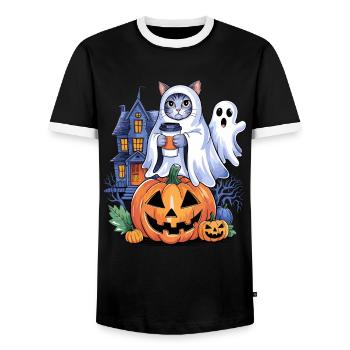 Chat d'Halloween avec citrouille et fantôme - T-shirt contrasté Homme - noir/blanc - Devant - AI Model Female 172 light (172cm) & AI Model Male 178 light (178cm)