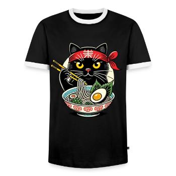Cat, Ramen, Japanese Noodles, Funny Kawaii - Men's Ringer Shirt - black/white - Front - AI Model Female 172 light (172cm) & AI Model Male 178 light (178cm)