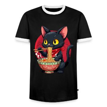 Cat, Ramen, Japanese Noodles, Funny Kawaii - Men's Ringer Shirt - black/white - Front - AI Model Female 172 light (172cm) & AI Model Male 178 light (178cm)