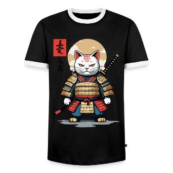 Samurai Katze Asiatischer Ukiyo-E Stil Aesthetic - Männer Kontrast-T-Shirt - Schwarz/Weiß - Vorne - AI Model Female 172 light (172cm) & AI Model Male 178 light (178cm)