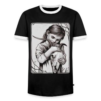 Hidden Darkness – Girl with Demon Skull - Men's Ringer Shirt - black/white - Front - AI Model Female 172 light (172cm) & AI Model Male 178 light (178cm)