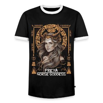 Freya – goddess of Norse myths - Men's Ringer Shirt - black/white - Front - AI Model Female 172 light (172cm) & AI Model Male 178 light (178cm)