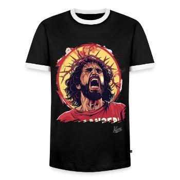 Funny angry guy with crown of thorns - Men's Ringer Shirt - black/white - Front - AI Model Female 172 light (172cm) & AI Model Male 178 light (178cm)