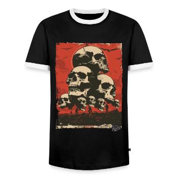 Propaganda Style – A Mountain of Skulls - Men's Ringer Shirt - black/white - Front - AI Model Female 172 light (172cm) & AI Model Male 178 light (178cm)